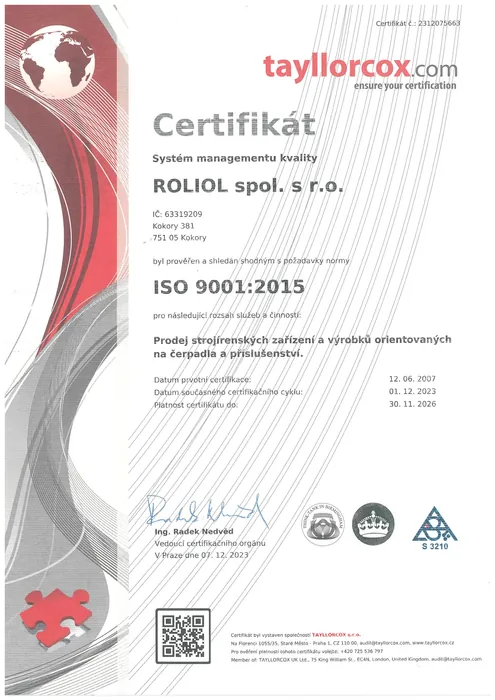 Certifikát ISO 9001:2015 – ROLIOL, spol. s r.o.