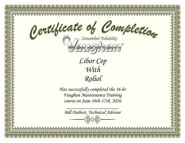 Certifikát Vaughan Maintenance Training – Libor Cep – ROLIOL, spol. s r.o.