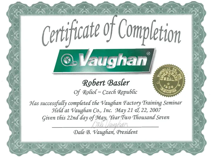Certifikát Vaughan Factory Training – Robert Basler – ROLIOL, spol. s r.o.