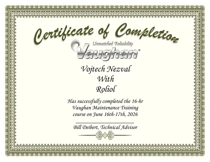 Certifikát Vaughan Maintenance Training – Vojtěch Nezval – ROLIOL, spol. s r.o.